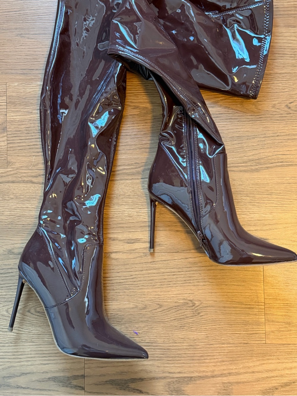 Brown over the knee faux leather heels, size 10